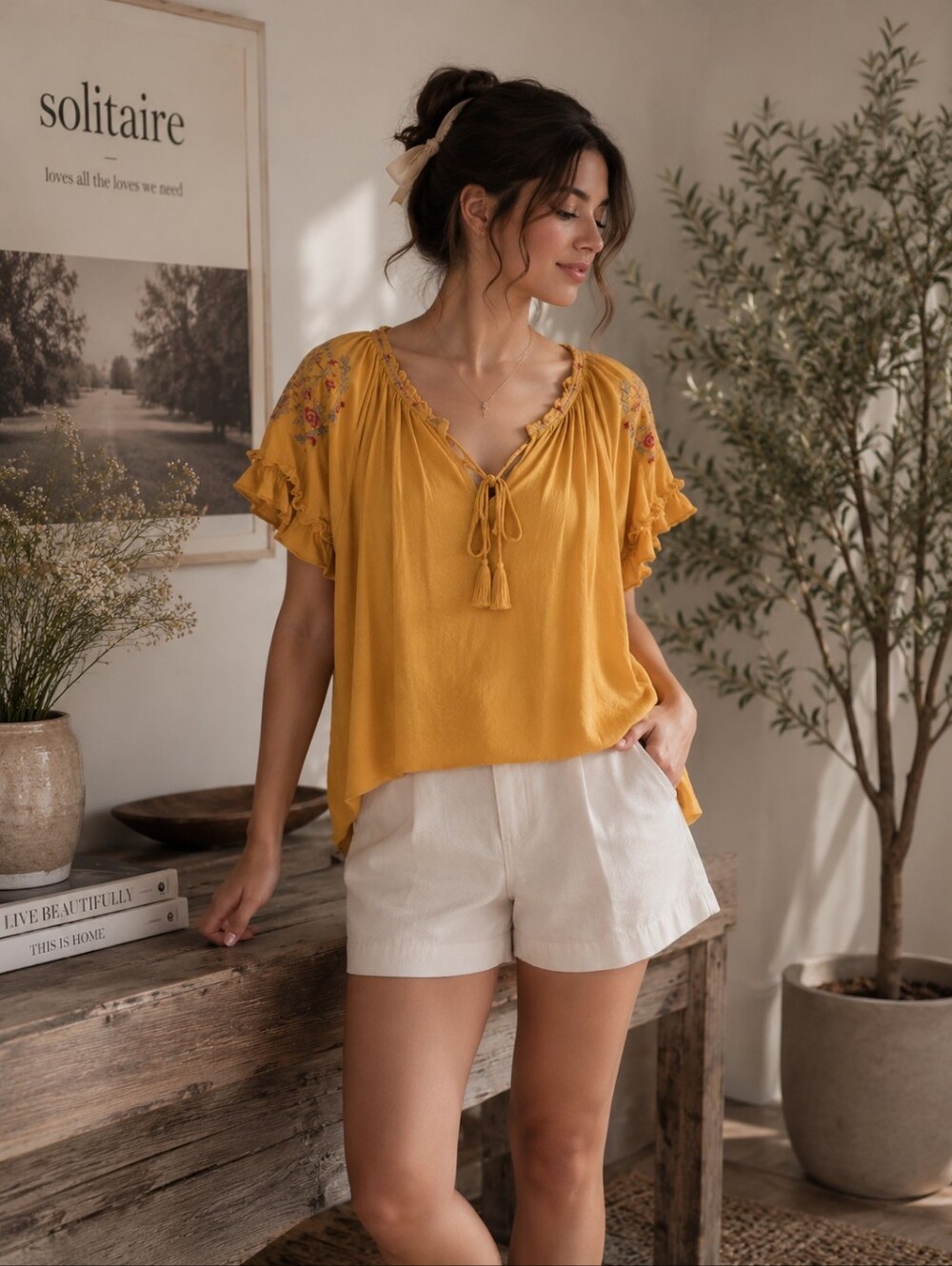 Anthropologie SOLITAIRE Women's Top SMALL Embroidered Tie V Neck Mustard 21-336